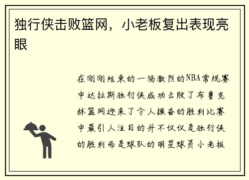 独行侠击败篮网，小老板复出表现亮眼